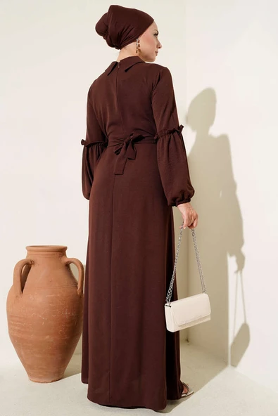 Ayrobin Kol Büzgülü Elbise Kahve - Resim 3