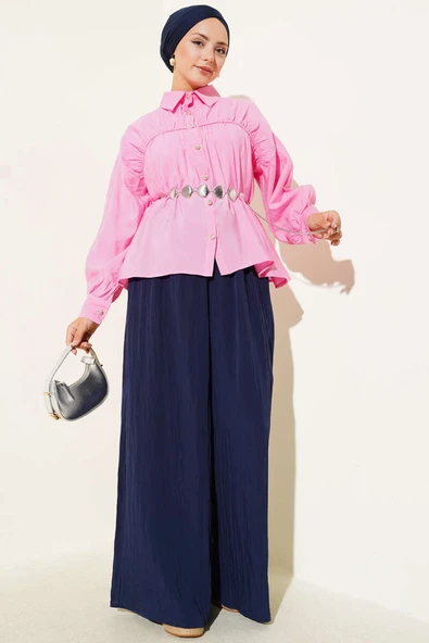 Önü Büzgülü İp Bağcıklı Gömlek Pembe - Resim 2