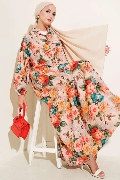 Yarım Düğmeli Gül Desenli Elbise Kırmızı ürün görseli 1