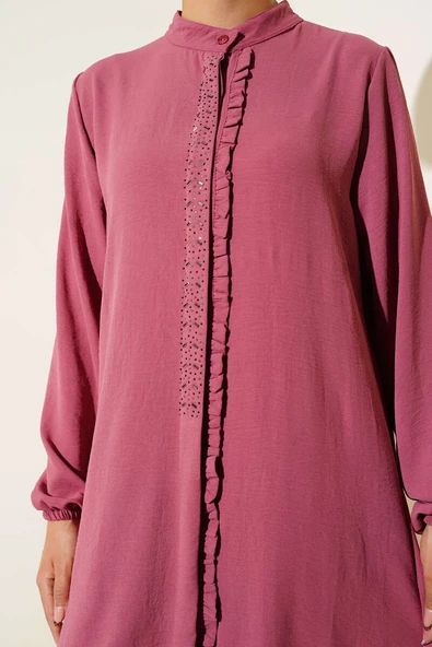 Önü Fırfırlı Taş Detaylı İkili Takım Gül Kurusu - Resim 4