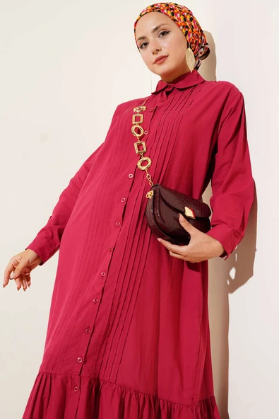 Gömlek Yaka Önü Pileli Elbise Lacivert Bordo - Resim 2