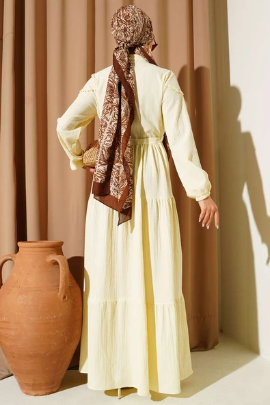 Bel Tünelli Düğmeli Ağaç Kabuğu Elbise Sarı - Resim 3