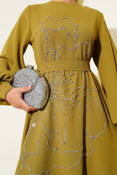Çiçek Taş Süslemeli Abiye Elbise Yağ Yeşili - Resim 4