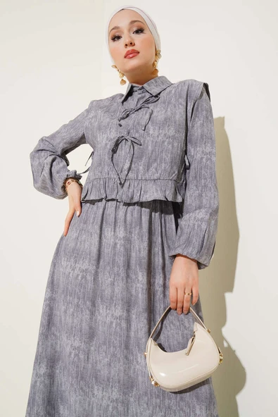 Fırfır Boleronlu İp Bağlamalı Elbise Gri - Resim 2