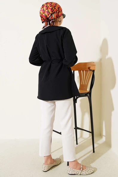 Bebe Yaka İp Kuşaklı Gömlek Siyah - Resim 3