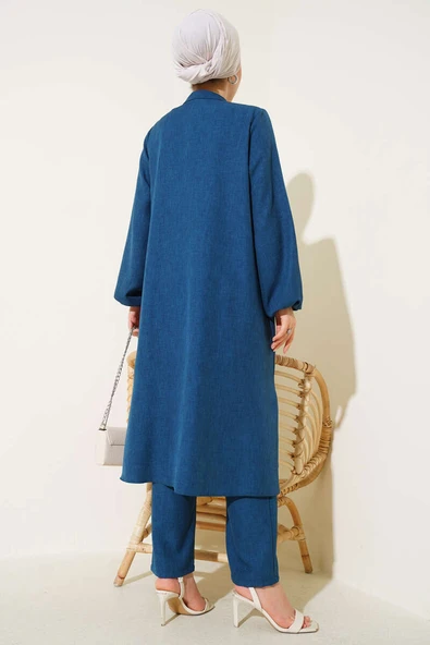 Önü Taş Detaylı Uzun Tunik İkili Takım Petrol - Resim 3