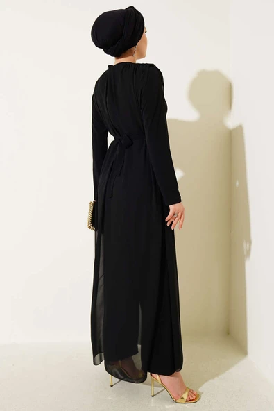 Belden Bağlamalı Şifon Tulum Siyah - Resim 3