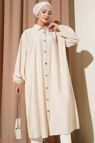 Tahta Düğmeli Uzun Tunik Bej ürün görseli 1