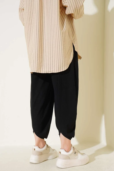 Beli İp Bağcıklı Şalvar Pantolon Siyah - Resim 3