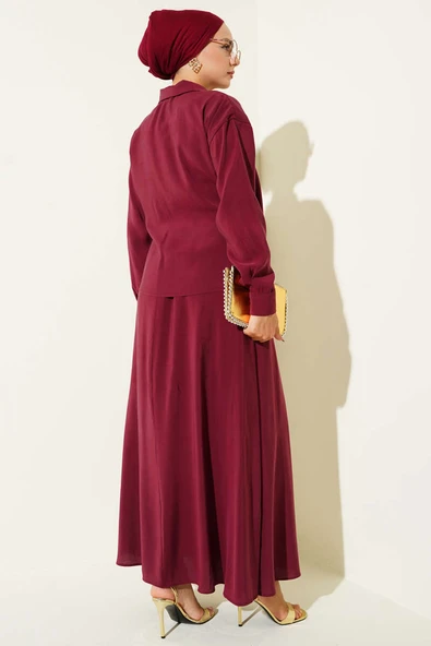 Gömlek Yaka Yandan Bağlamalı Etekli İkili Takım Bordo - Resim 3