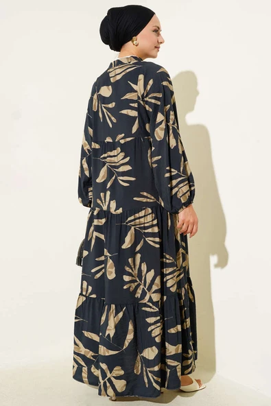 Geniş Yaprak Desenli Yarım Düğmeli Elbise Siyah - Resim 3