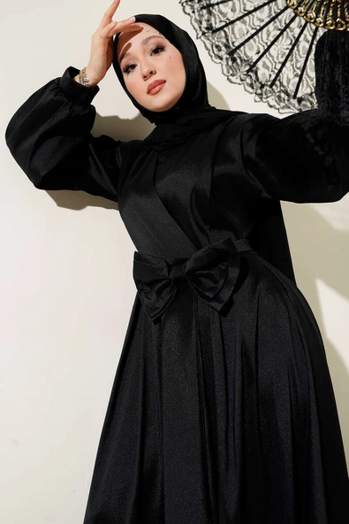 Kurdele Kuşaklı Abiye Elbise Siyah - 2