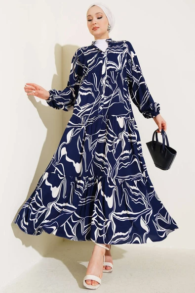 Hakim Yaka Desen Detaylı Elbise Lacivert ürün görseli 1