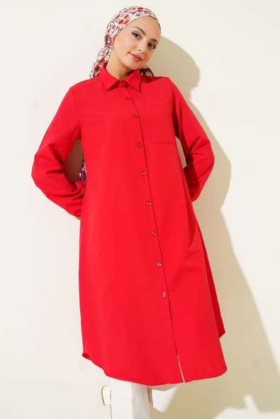 Gömlek Yaka Tek Cepli Uzun Gömlek Kırmızı ürün görseli 1