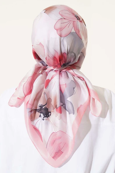 Ebruli Çiçek Desenli Eşarp Pudra - Resim 3