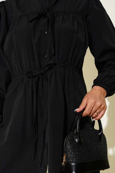 Önü Büzgülü Bağcıklı Gömlek Siyah - Resim 4