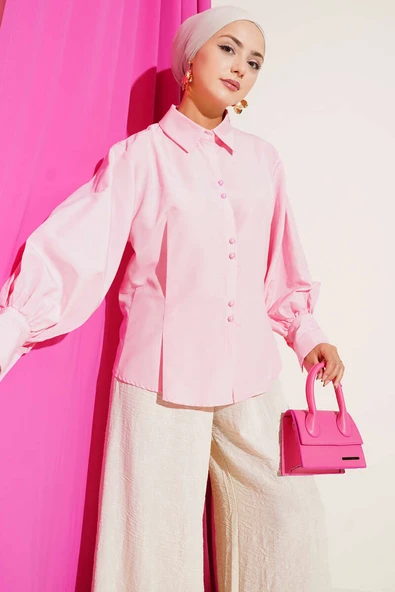 Top Düğmeli Pensli Gömlek Pembe ürün görseli 1