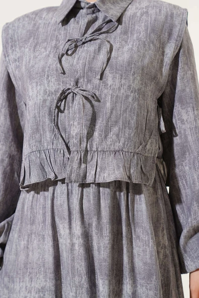 Fırfır Boleronlu İp Bağlamalı Elbise Gri - Resim 4