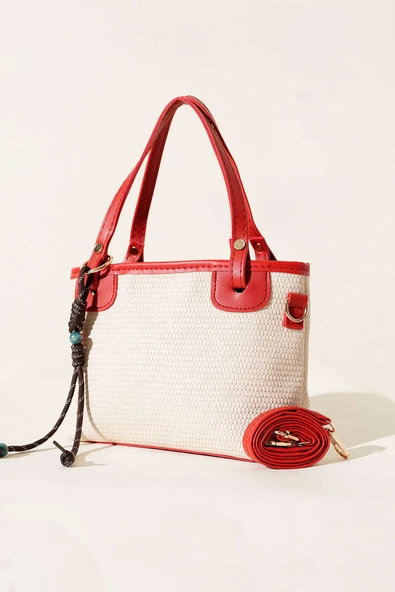 Bağcık Süs Detaylı Hasır Çanta Kırmızı ürün görseli 1