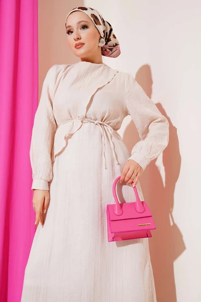 Pelerinli İp Kuşaklı Elbise Bej - Resim 2