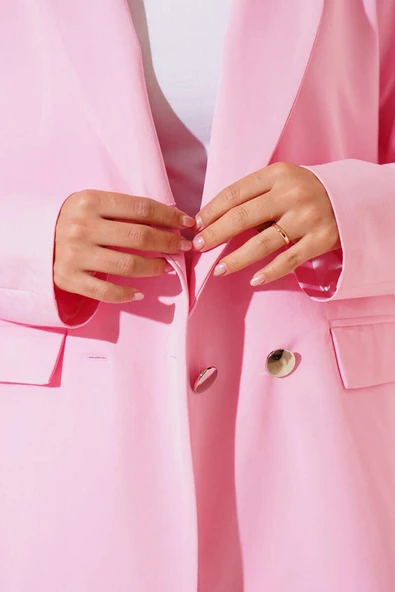 Cep Kapaklı Dört Düğmeli Blazer Ceket Pembe - Resim 4