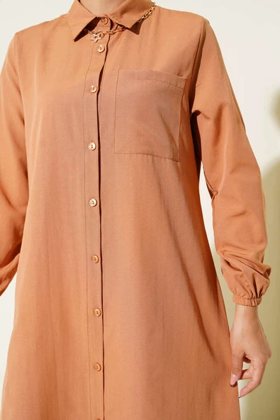 Gömlek Yaka Tek Cepli Uzun Gömlek Camel - Resim 4