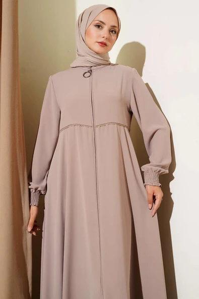 Bileği Gipeli Omuz Vatkalı Büyük Beden Ferace Vizon - Resim 2