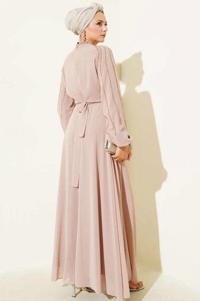 Şifon Kolları Taşlı Abiye Elbise Bej - Resim 3