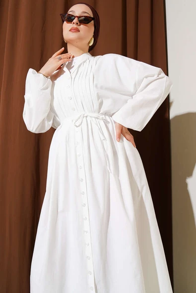 Önü Nervürlü İp Kuşaklı Elbise Beyaz - Resim 2