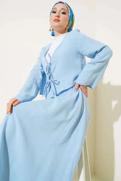 İp Bağcık Kimono Etekli İkili Takım Mavi - Resim 2