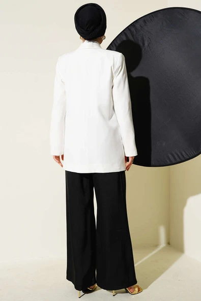 Cep Kapaklı Dabıl Blazer Ceket Beyaz - Resim 3