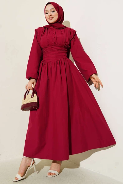 Bel Gipeli Kloş Elbise Bordo - Resim 2