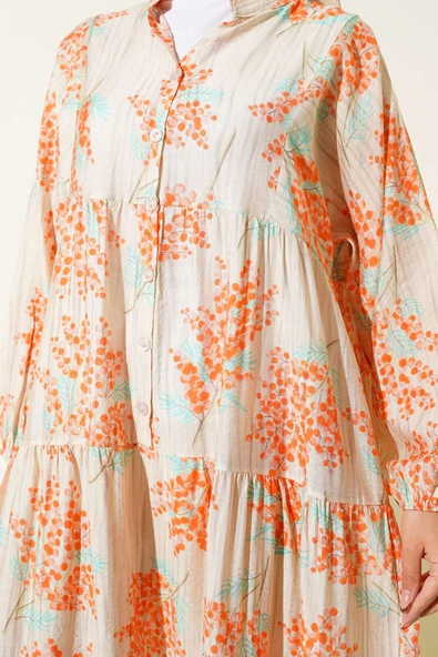 Çiçek Detaylı Yarım Düğmeli Elbise Oranj - Resim 4