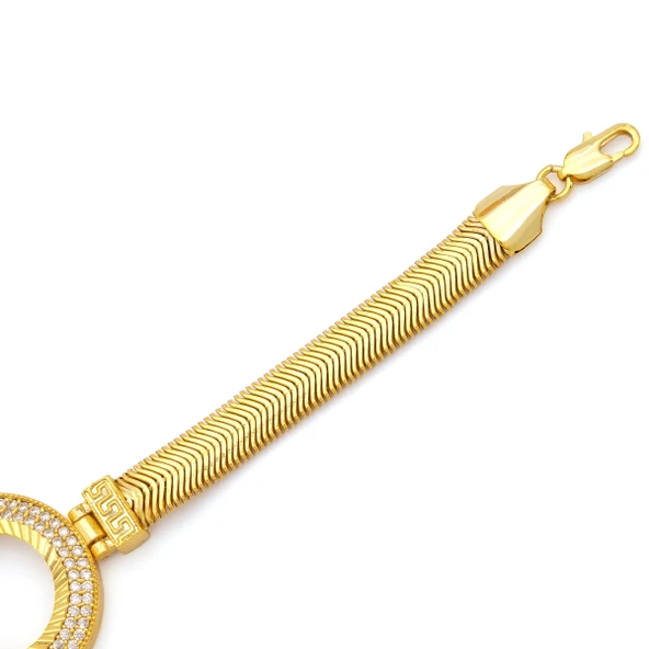 Altın Kaplama İmitasyon 2 Sıra Zirkon Taşlı İtalyan  Çeyrek Çerçeve Bileklik BLK-1168 - Resim 5