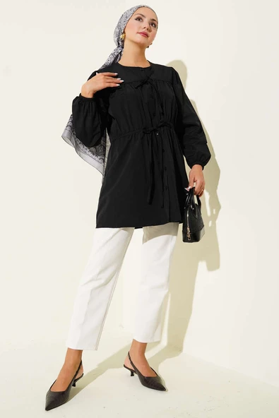 Önü Büzgülü Bağcıklı Gömlek Siyah - Resim 2