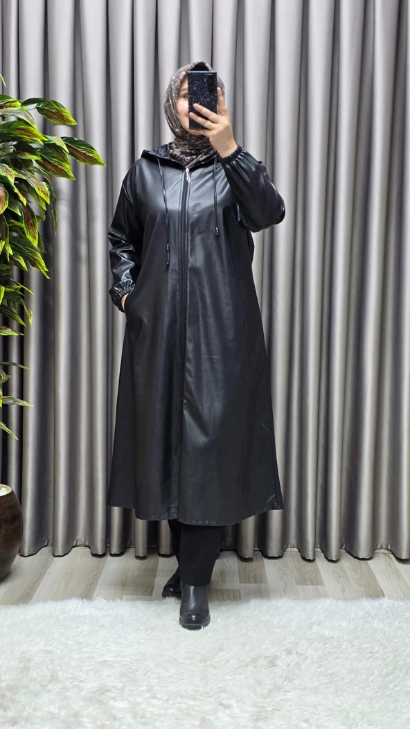 Kadın Büyük Beden Kapşonlu Fermuarlı Suni Deri Tesettür Kap Su Geçirmez Dış Giyim - Resim 8