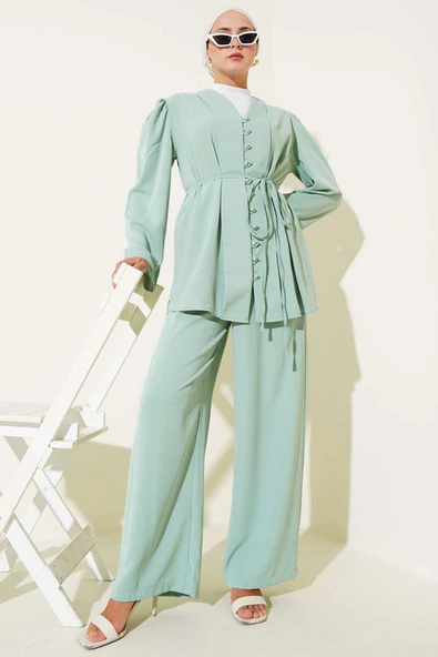 Brit Düğmeli İp Kuşaklı Tunik İkili Takım Mint Yeşili ürün görseli 1