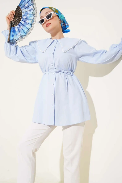 Yakası İncili İp Kuşaklı Gömlek Bebe Mavi ürün görseli 1