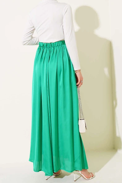 Beli Lastikli Saten Kloş Etek Yeşil - Resim 3