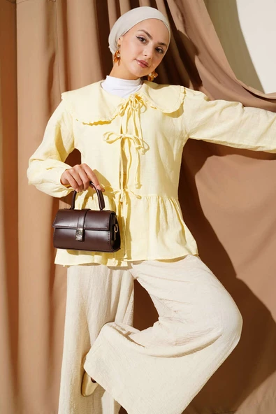 Bebe Yaka İp Bağlamalı Kimono Sarı ürün görseli 1