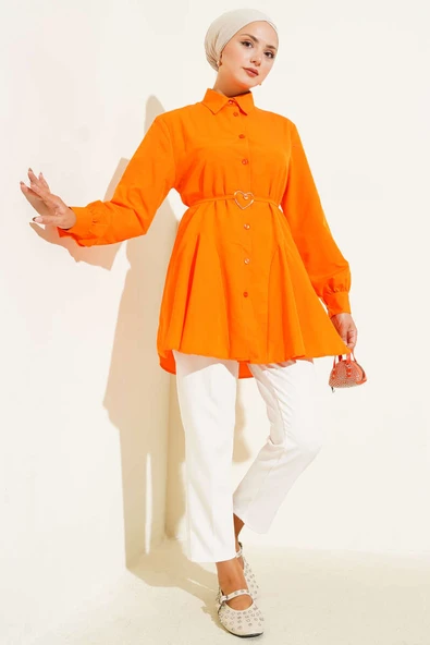 Kalp Tokalı Kuşaklı Gömlek Oranj - Resim 2