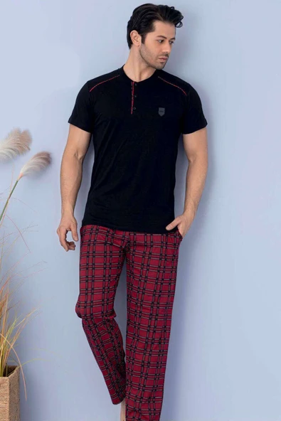 Kare Çizgili Kısa Kol Erkek Pijama Takım Siyah ürün görseli 1