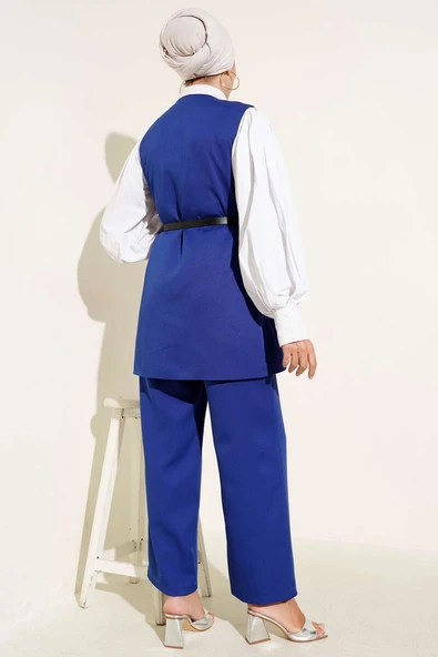 Kemerli Omuz Düğmeli Yelek İkili Takım Saks - Resim 3