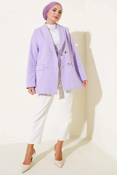 Cep Kapaklı Dört Düğmeli Blazer Ceket Lila - Resim 2