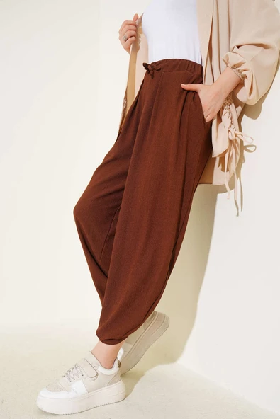 Beli İp Bağcıklı Şalvar Pantolon Kahve ürün görseli 1