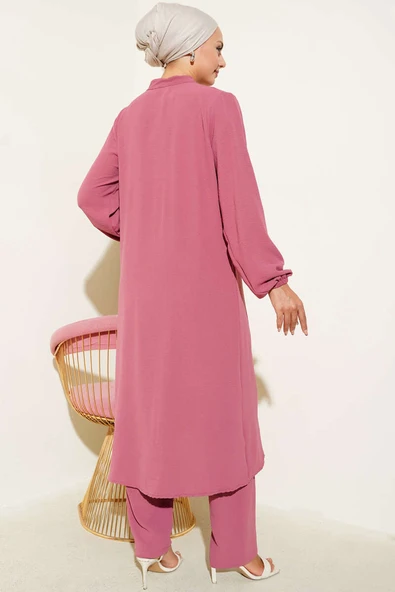 Önü Fırfırlı Taş Detaylı İkili Takım Gül Kurusu - Resim 3