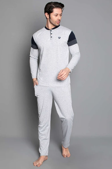 Kol Şeritli Uzun Kol Erkek Pijama Takımı Gri ürün görseli 1