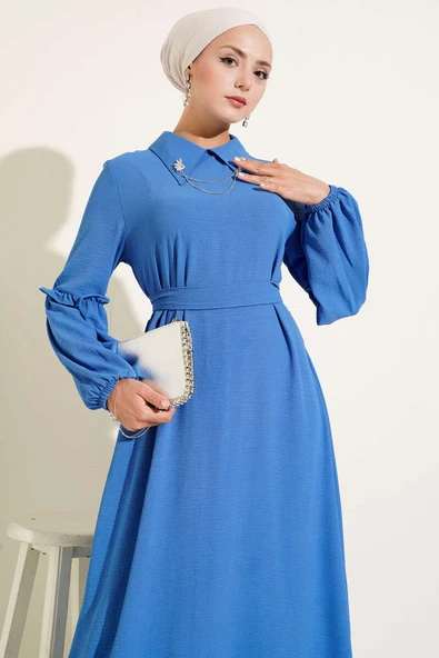 Ayrobin Kol Büzgülü Elbise Saks - Resim 2