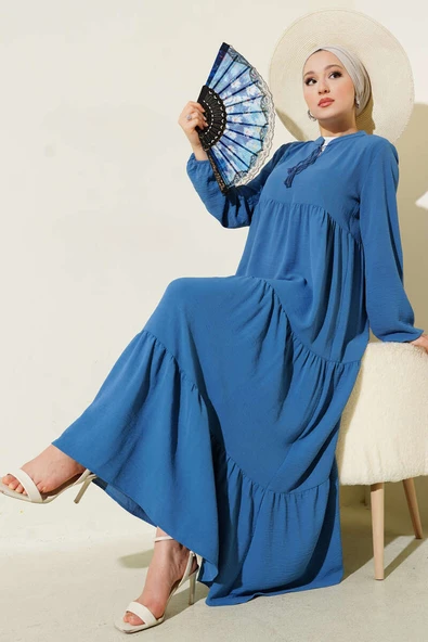 Yaka İp Bağcık Detaylı Kat Elbise Indıgo ürün görseli 1