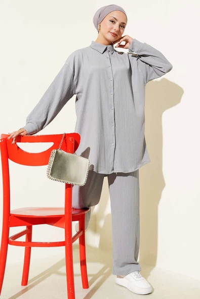 Gömlek Yaka Bürümcük İkili Takım Gri ürün görseli 1